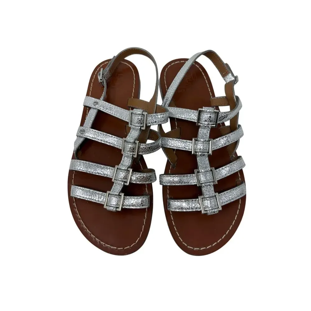 Tory Burch Reggie Flat Gladiator Silver Metallic Snakeskin Sandals Womens Sz 6.5